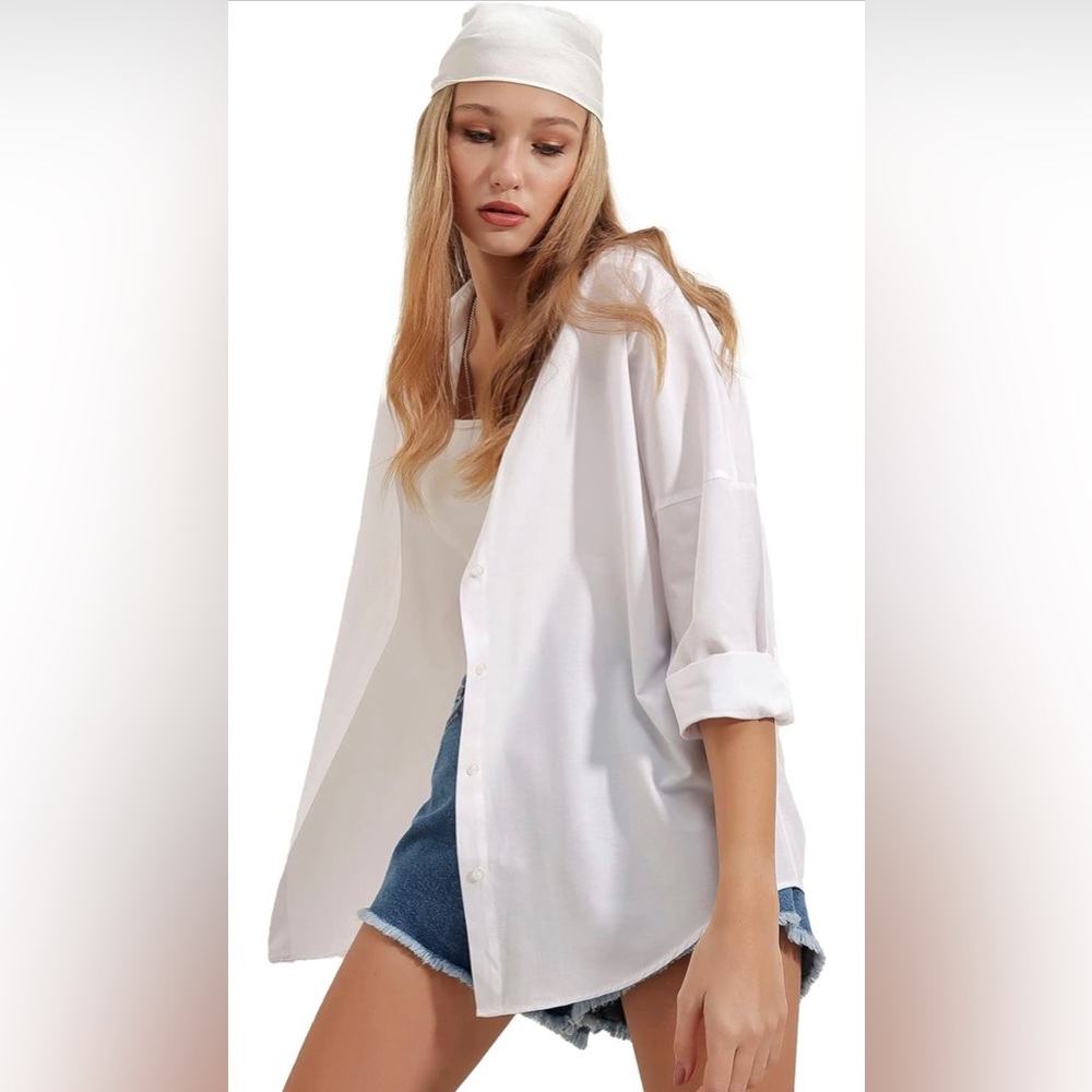 Oversized Button Down Shirts for Women, Dressy Casual Long Sleeve Blouses WHITE